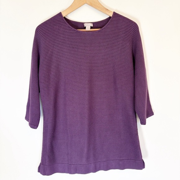Chico's 3/4 Sleeve Pullover Purple Sweater Ribbed Crewneck Cute Hem Size 1 or Sm - Picture 1 of 5